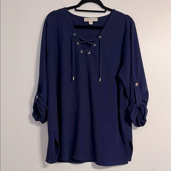 MICHAEL Michael Kors Blue Relaxed Tie Front Cuffed Sleeve Tunic Top Gold Accents - Picture 1 of 6